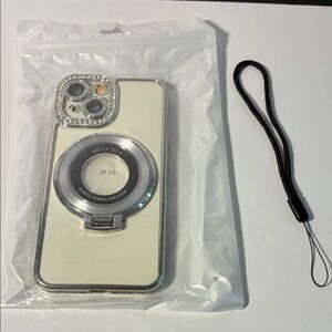 White iPhone 15 Ring Grip Case with Rhinestone Camera Frame